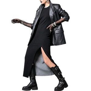 Max Studio merino wool blend minimalist black grey knit sleeveless maxi dress L